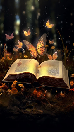 Generative AI : Pages of an open magic book closeup macro and flying in the wind dandelion seeds on a gold background with a beautiful magical light Fairy air artistic imageの素材