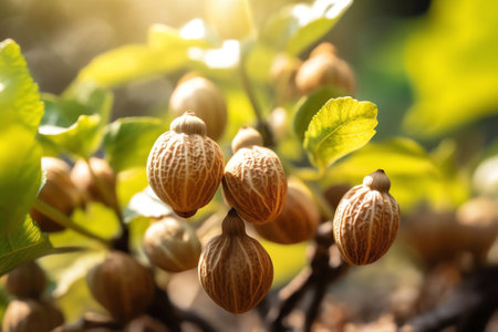 Generative AI : Many hazelnuts fall from the tree on a green natural background Beautiful large hazelnuts closeup macroの素材