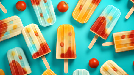 Generative AI : Sweet refreshing summer food concept Ice cream fruit ice yellow orange and red colors top view on a blue background A colorful refreshing summer treatの素材