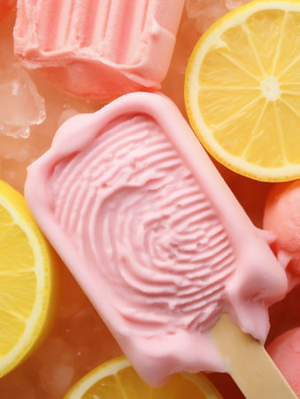 Generative AI : Sweet refreshing summer food concept Summer ice cream fruit ice yellow orange and red colors and slices of ice close up macro A colorful refreshing summer treatの素材