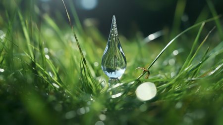 Generative AI : A beautiful large drop of morning dew in the grass sparkles in the rays of sunlight outdoors in nature A drop of water on a blade of grass and free space for textの素材