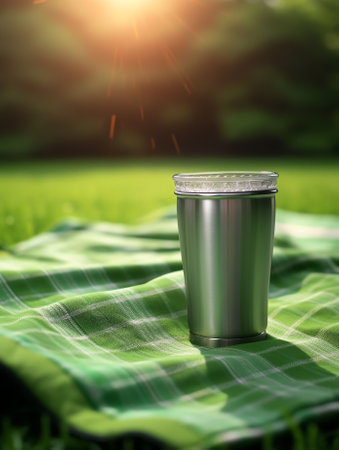 Generative AI : A tall beautiful glass with pure clean natural mineral water and an orange butterfly against a green lawn background closeup macroの素材