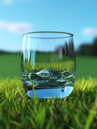 Generative AI : A tall beautiful glass with pure clean natural mineral water and an orange butterfly against a green lawn background closeup macroの素材