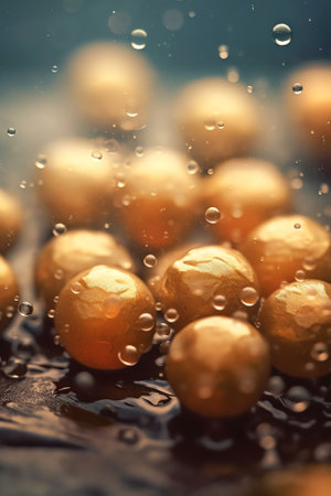 Generative AI : Abstract golden and brown background with shiny brilliant water drops dew or rain on the glass with round bokehの素材