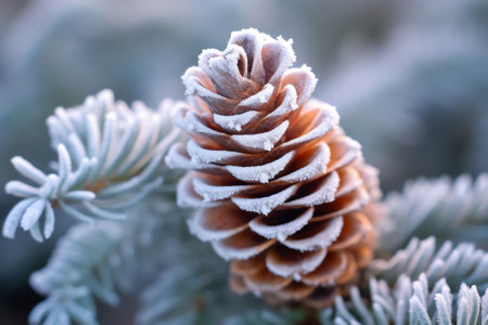 Generative AI : Beautiful natural macro image of green spruce branches covered with thorny crystals of hoarfrost against a light snowfallの素材