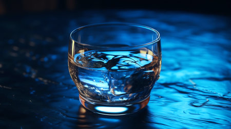 Generative AI : Beautiful texture of flowing water closeup macro A stream of clean transparent water is poured into a blue glass beaker on a light backgroundの素材