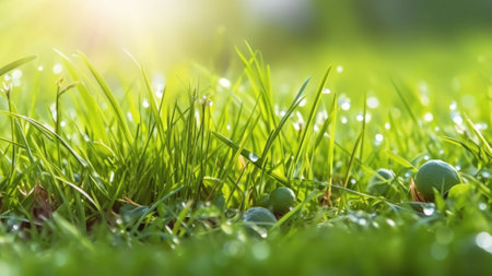 Generative AI : Juicy lush green grass on meadow with drops of water dew in morning light in spring summer outdoors closeup macro panorama Beautiful artistic image of purity and frの素材