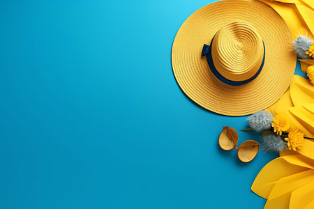 Generative AI : Concept summer beach vacation Blue towel sunglasses and yellow flipflops on white sand on background blue sky Frame by Tropical flowers and palm leaves copy space mの素材