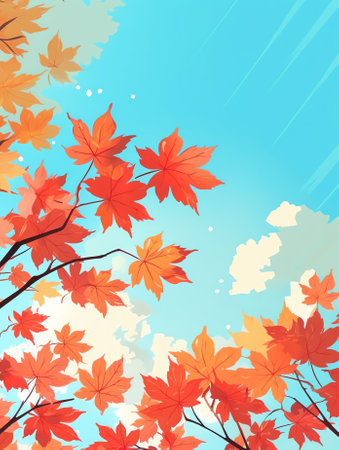 Generative AI : Beautiful maple tree with orange and red leaves in autumn on nature in city Park on background blue skyの素材