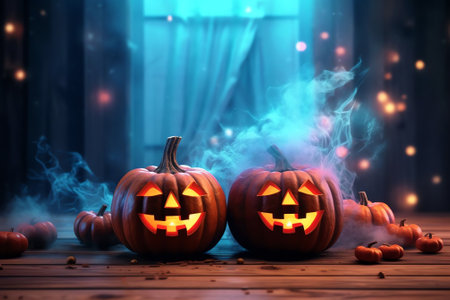 Generative AI : Festive decoration for Halloween Two glowing pumpkins and bat on background of dark night mystical forest ultra wide format Magical atmosphere with festive lightsの素材