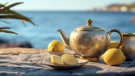 Generative AI : Cup of tea with lemon on old blue wooden textural table beautiful golden bright glint of sun in cup closeup top view Two pieces of sugar teapot and green napkin Fooの素材