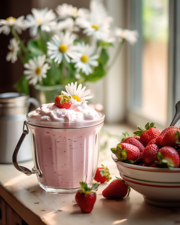 Generative AI : Beautiful juicy bright appetizing strawberry berries with whipped cream on a light background with daisies Red strawberries on a light wooden tableの素材