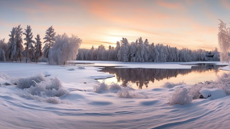 Generative AI : Beautiful natural evening panorama snowcovered city park with frostcovered trees benches and frozen pond on sunset in pink colorsの素材
