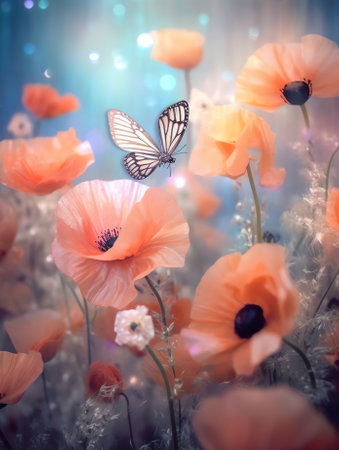 Generative AI : Beautiful colorful flower meadow with multicolored poppies and fluttering butterflies in nature in spring and summer on light turquoise background closeup with softの素材