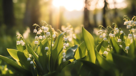 Generative AI : Blossoming lilies of the valley in a sunny forest Lilyofthevalley Convallaria majalisの素材