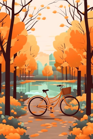 Generative AI : Bicycle in shade of trees with dense foliage in sundrenched urban natural spring summer parkの素材