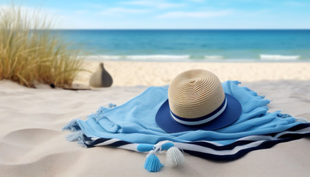 Generative AI : Concept of summer beach holiday on tropical island Maldives Beach bag blue hat with frangipani flowers glasses yellow Slippers towel against the sky white sand andの素材