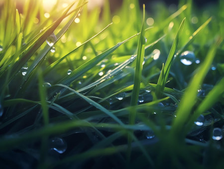 Generative AI : Juicy lush green grass on meadow with drops of water dew in morning light in spring summer outdoors closeup macro panorama Beautiful artistic image of purity and frの素材