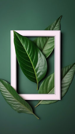 Generative AI : Creative layout composition frame of juicy green leaves with beautiful texture with paper card note macro Flat lay Nature concept copy spaceの素材