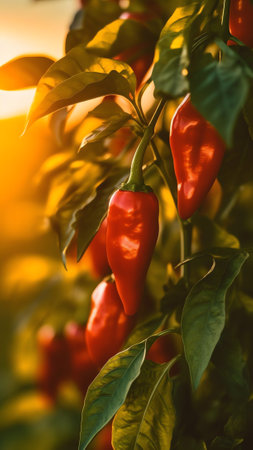 Generative AI : Growing sweet peppers in a greenhouse closeup in sunlight Fresh juicy red green peppers on branches macro Agriculture large crop of pepperの素材