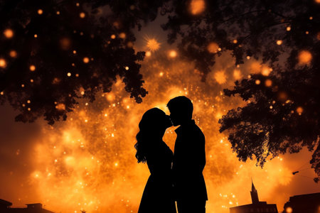 Generative AI : Silhouette of two lovers leaning towards each other in an atmospheric winter park with Christmas lights on the trees in the evening Blurred defocused christmas imagの素材