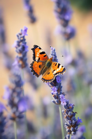 Generative AI : Orange butterfly on violet muscari flower in nature outdoors in sunlight with soft focus closeup macroの素材
