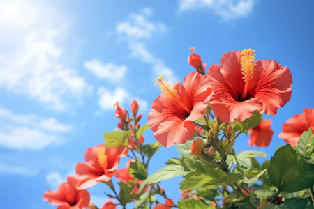 Generative AI : Picturesque bright beautiful sunny summer scene of wide format in nature urticaria butterfly on red hibiscus flower against background of light blue sky with lightの素材