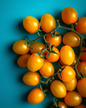 Generative AI : Branch of cherry tomatoes in white green decorative bucket top view Healthy food concept Colorful creative layout vegetables on blue pink backgroundの素材
