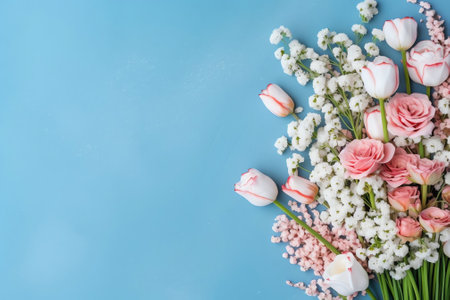 Generative AI : Floral summer spring composition Wreath frame made in form of heart of white pink daisies lilies of valley maylily and bells Flowers on blue wooden table top view Fの素材