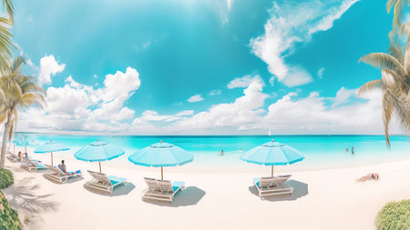 Generative AI : Panorama beautiful beach with white sand turquoise ocean and blue sky with clouds on Sunny day Summer tropical landscape with green palm trees and Straw umbrellas wの素材