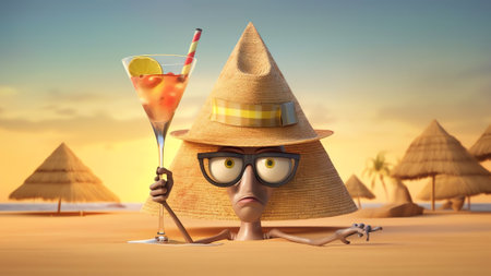 Generative AI : The concept of a beach holiday vacation in Egypt Pyramids with a smile fromf sand on the beach against a calm sea in sunshineの素材