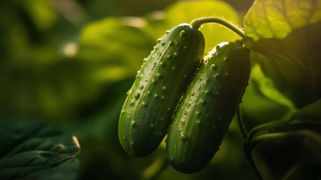Generative AI : Group of fresh beautiful young cucumbers on the ground against a background of juicy green leaves Harvesting of cucumbers plants in a greenhouseの素材