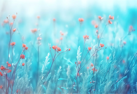 Generative AI : Nature abstract background wild blossoming grass flowers in field meadow closeup soft focus Beautiful summer nature landscape toned blue turquoise copy spaceの素材