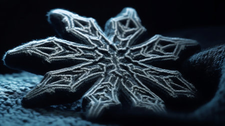 Generative AI : Real natural snowflake in winter sparkles on a blue knitted mitten with a copy spaceの素材