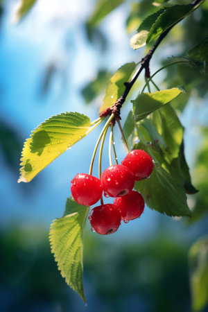 Generative AI : Two beautiful juicy cherry berries on twig with leaves in red plate with polka dots on green natural background in outdoor closeup macro Bright colorful imageの素材