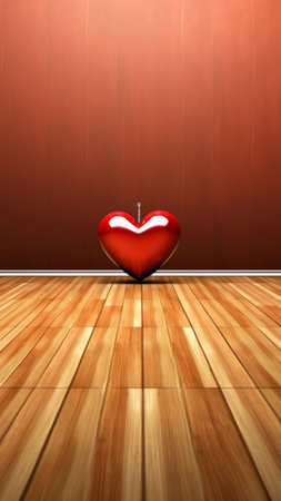 Generative AI : Two small heart and candlestick candle in form of big red heart on light wooden texture word love volumetric letters Greeting card design concept wallpaper for loveの素材