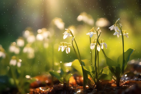 Generative AI : Two woven spring flower in the rain in a forest in spring closeup with soft focus The romantic image of love spring bloom wallpaper border template card for designの素材
