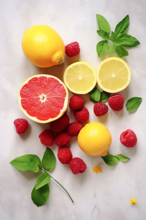 Generative AI : Sweet refreshing summer food concept Ice cream fruit ice yellow orange and red colors and slices of lemon top view on a white marble table copy space Summer wallpapの素材