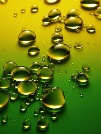 Generative AI : Abstract bright colorful background with drops of oil and water in green and yellow tones macro Creative image of the beauty of environment and natureの素材