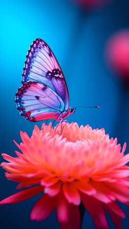 Generative AI : Beautiful multicolored colorful butterfly on bright pink magenta flower daisy macro on blue background in spring Amazing unusual artistic image of the beauty of livの素材