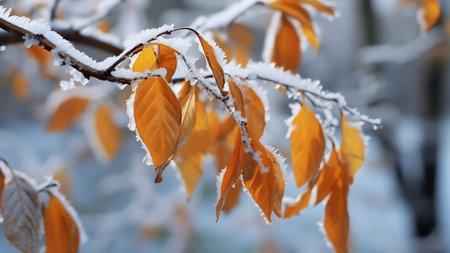 Generative AI : Beautiful branch with orange and yellow leaves in late fall or early winter under the snow First snow snow flakes fall gentle blurred romantic light blue backgroundの素材