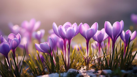 Generative AI : Beautiful tender spring violet white flowers in nature outdoors in form of ultra wide banner format panoramaの素材