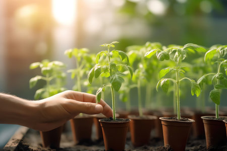 Generative AI : Concept of growing vegetable crops Young tomatoes plants on the ground hand holds an empty nameplate garden shovel in a greenhouse against the sky Closeup macroの素材