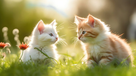 Generative AI : Cute white kitten in Park in nature stands on stone in outdoor Two Fluffy kittens play in grass in sunlight at sunset Soft focus warm atmospheric frameの素材