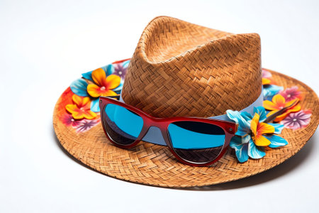 Generative AI : Concept summer beach holiday Beach accessories straw hat with white frangipani flower sunglasses towel on sandy tropical beach against blue sky with clouds on brighの素材