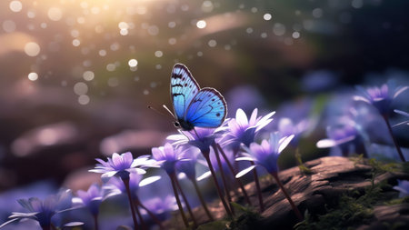 Generative AI : Beautiful spring background with blue butterfly in flight and flowers anemones in forest on nature Delicate elegant dreamy airy artistic image harmony of natureの素材