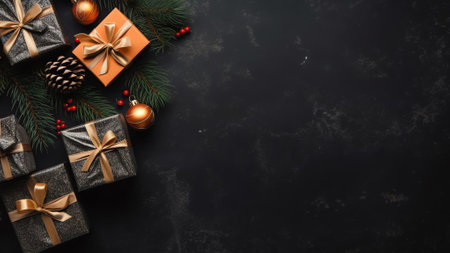 Generative AI : Christmas dark black background with beautiful texture and Golden gift box with red ribbon serpentine fir branches cones Christmas tree toys stars top view copy spaの素材
