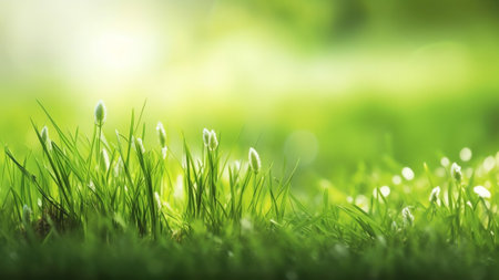 Generative AI : Juicy young green grass in a forest clearing Natural spring summer background with shallow depth of field and bokeh Ultra wide formatの素材