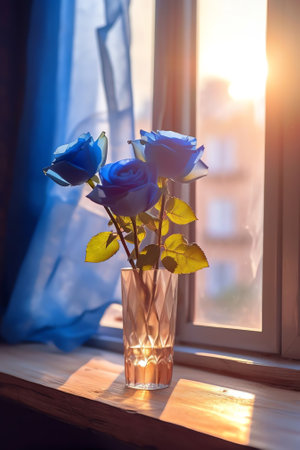 Generative AI : Red rose flowers in blue jug on old wooden table in garden in rays of sunlight outdoors spring morning at sunrise rustic styleの素材