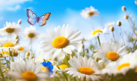 Generative AI : Flowers daisies in summer spring meadow on background blue sky with white clouds flying orange butterfly wide format Summer natural idyllic pastoral landscape copyの素材
